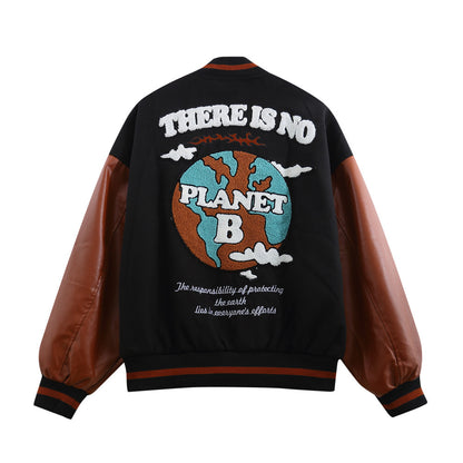 PU Leather Jacket Men's Letter Embroidery Baseball Color Matching Jacket