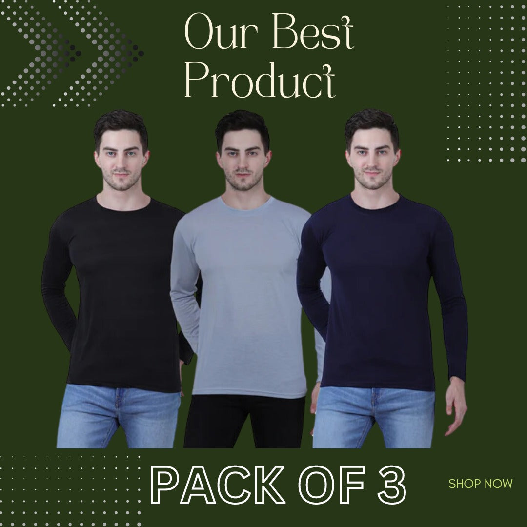 Men's Cotton Round Neck Full Sleeves Stylish Tshirt (Pack of 3)